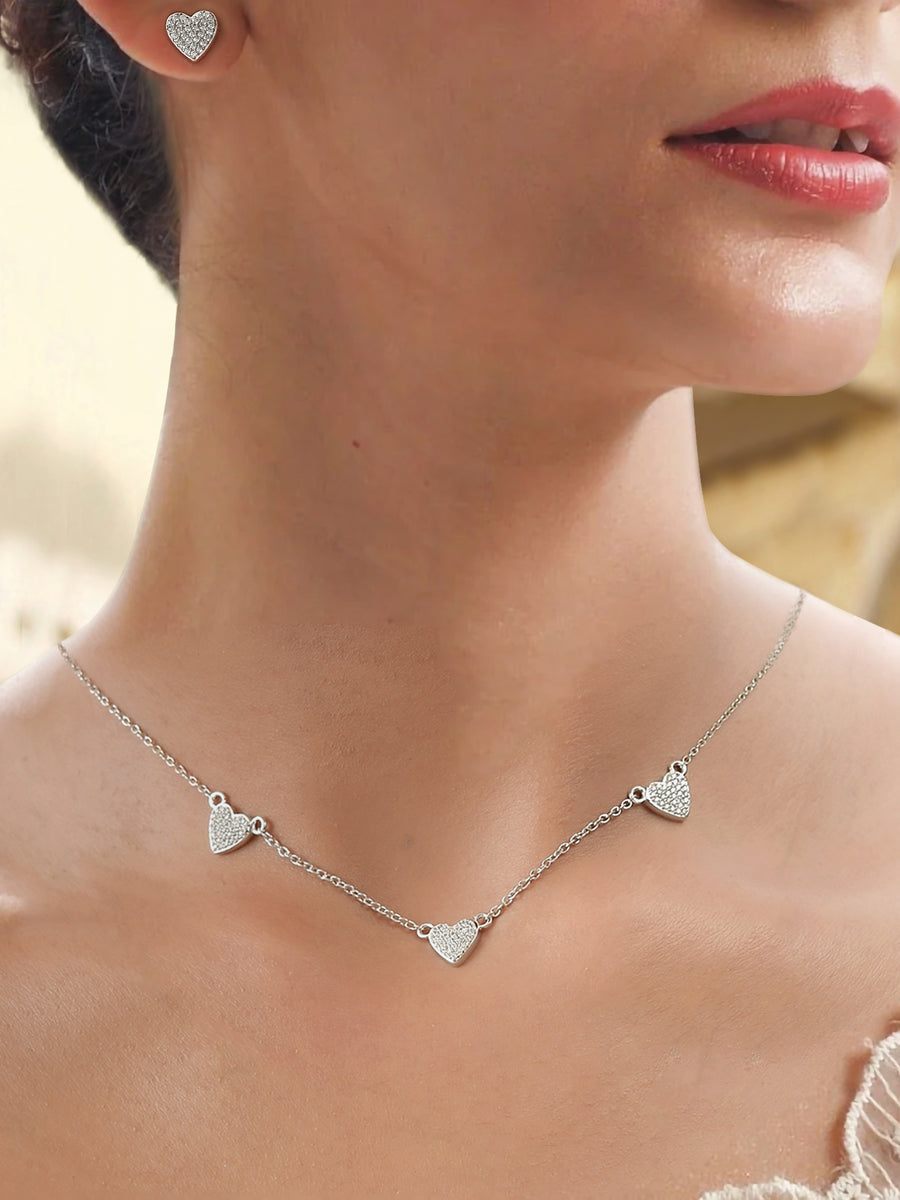 Heart Station Silver Necklace With Earrings For Women-1