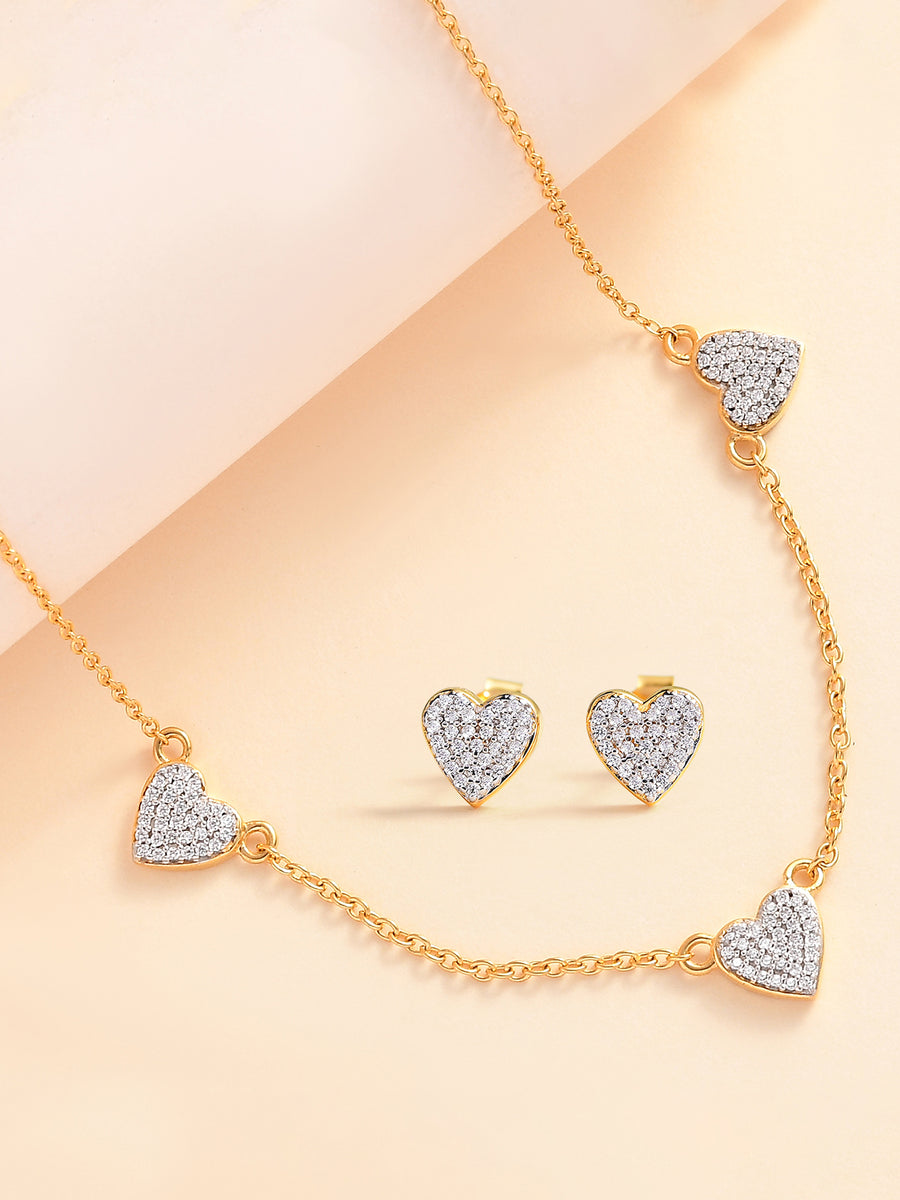 Gold Plated Heart Station Silver Necklace With Earrings For Women