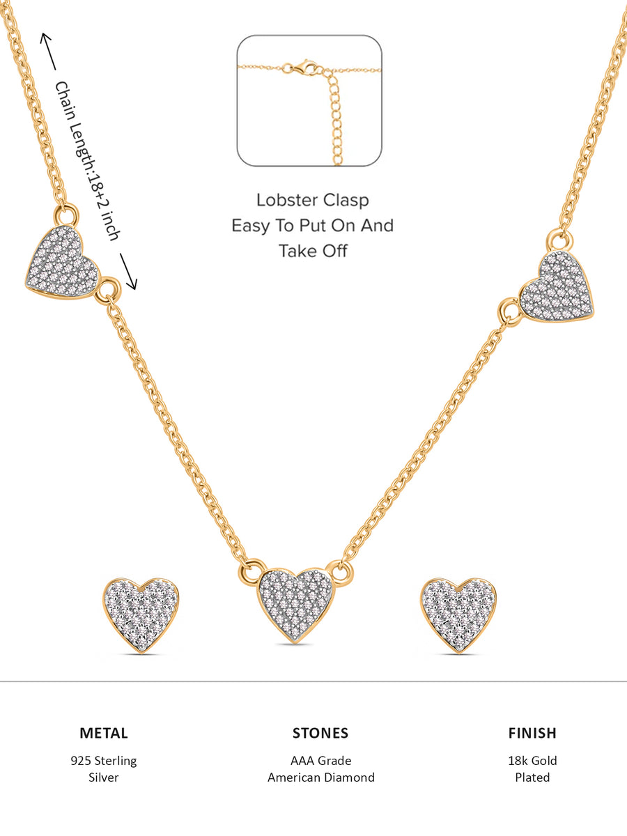 Gold Plated Heart Station Silver Necklace With Earrings For Women-4