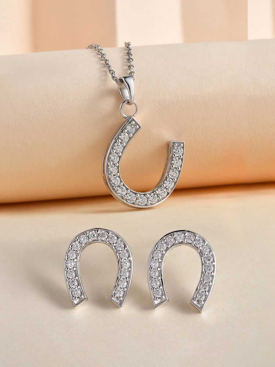 Lucky Horseshoe Pendant With Earrings In 925 Silver