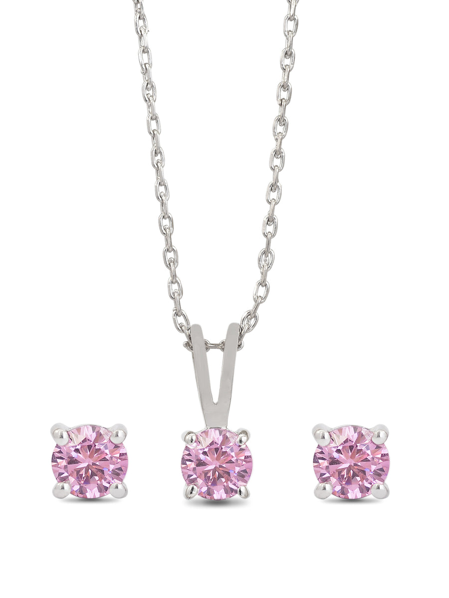 Ornate Jewels Pink Solitaire Necklace With Earrings