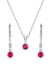 Ruby Solatire Necklace With Long Earrings Pure Silver Set