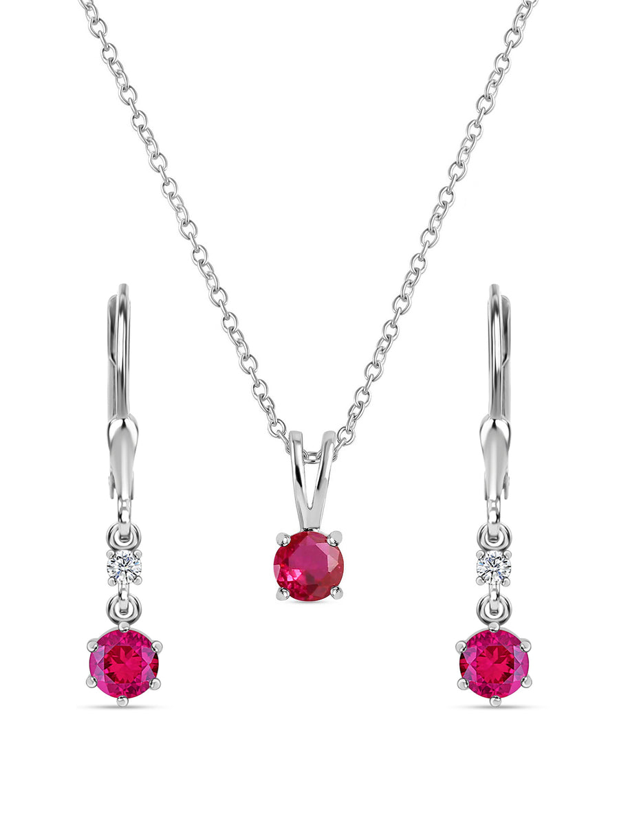 Ruby Solatire Necklace With Long Earrings Pure Silver Set