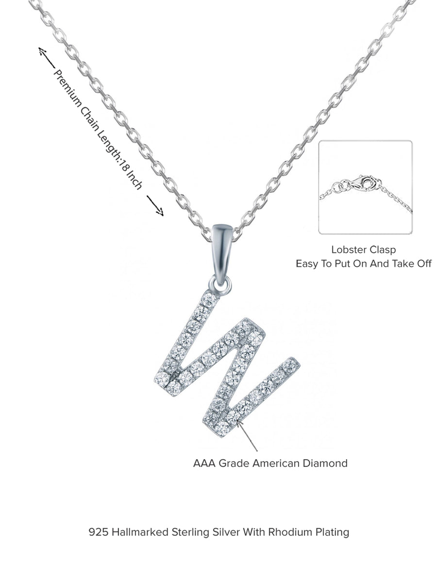 Silver W Initial Pendant With American Diamonds-4