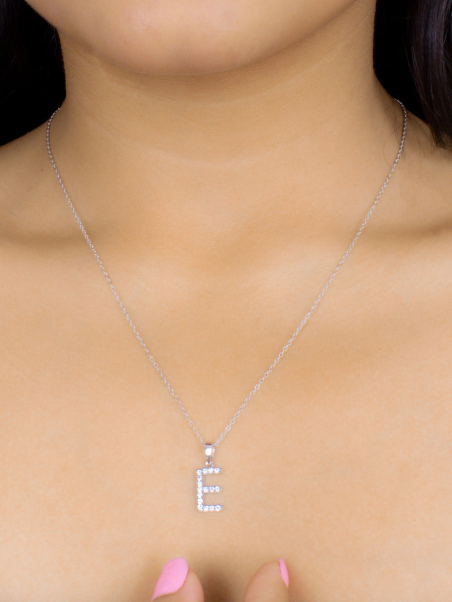 Silver E Initial Letters Or Alphabet Necklace With American Diamonds-1