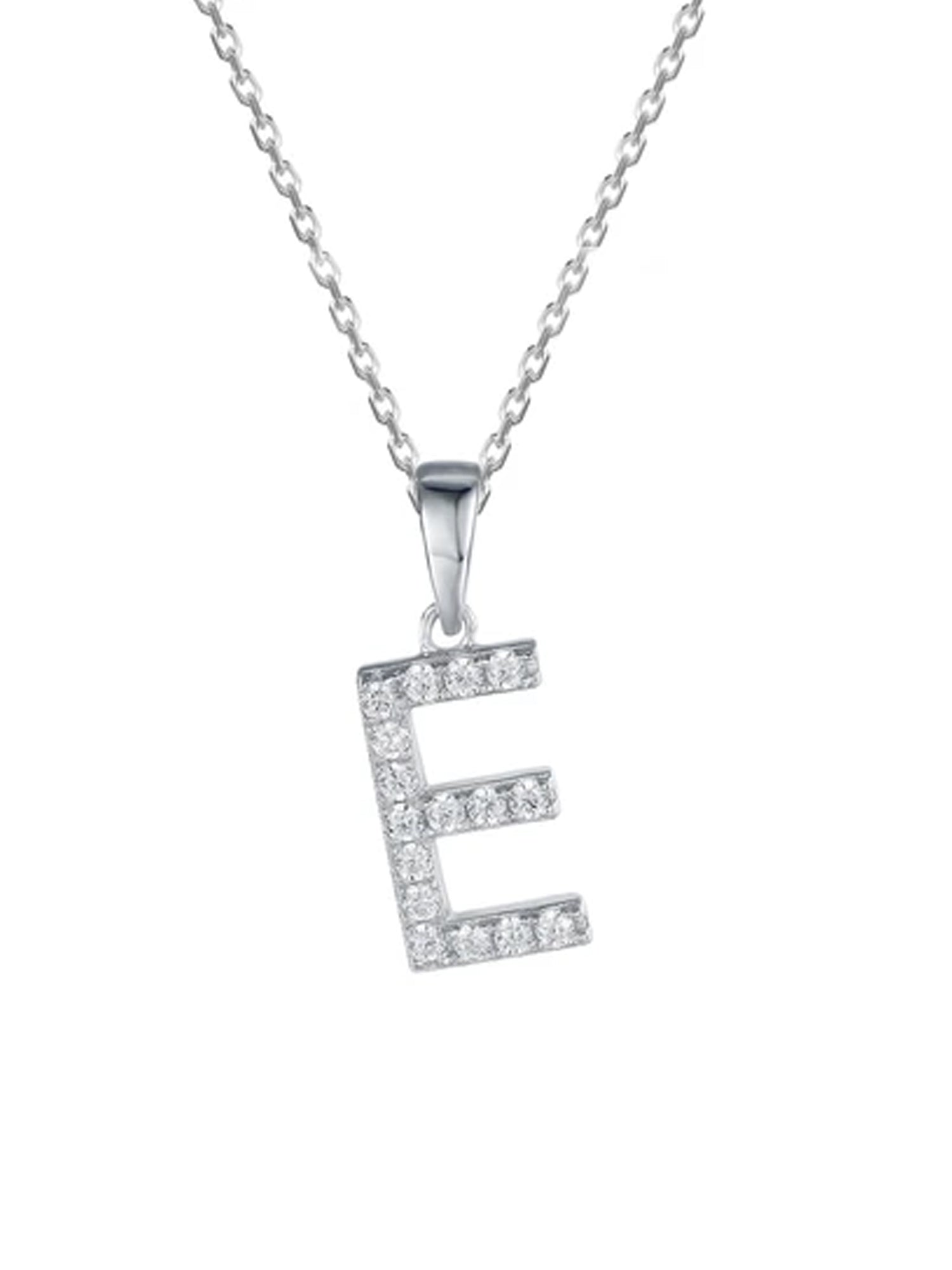 Silver E Initial Letters Or Alphabet Necklace With American Diamonds