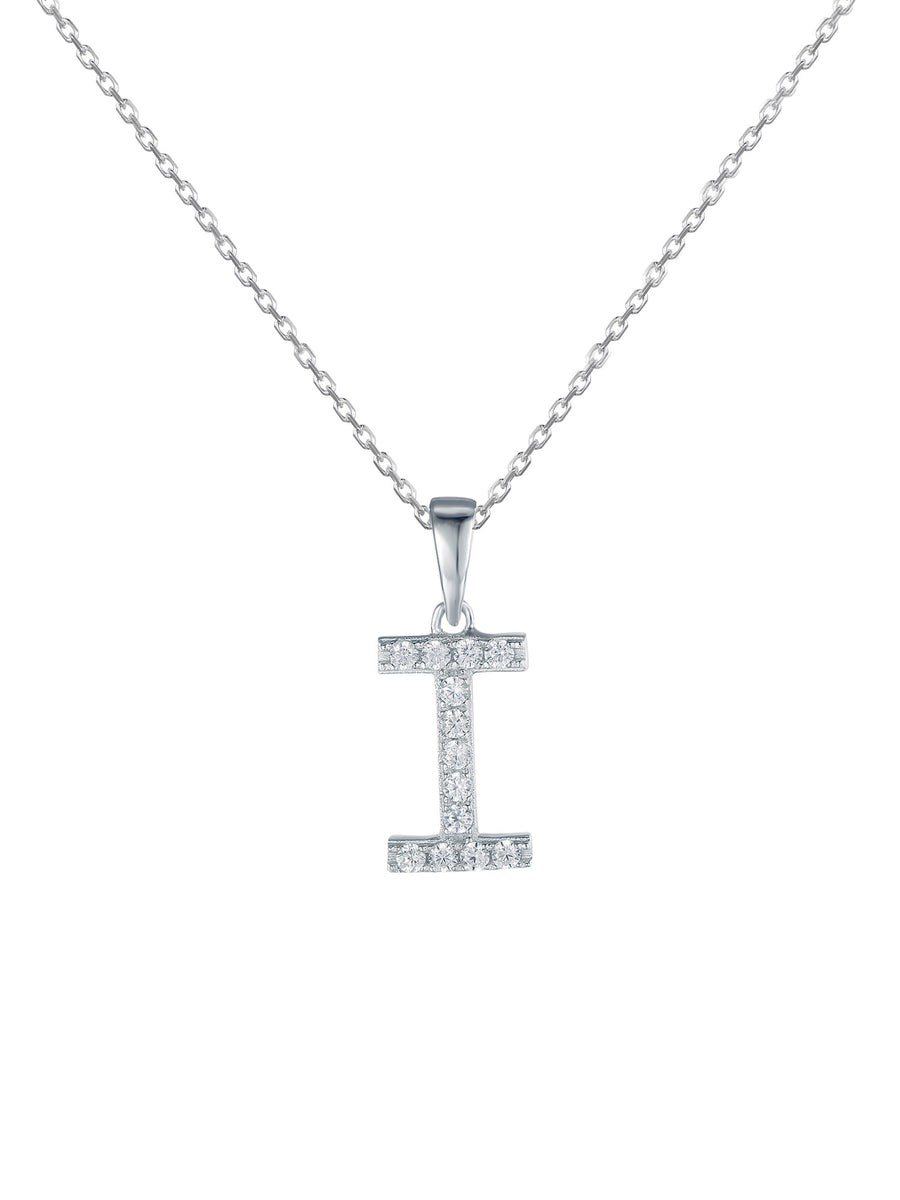 Silver I Initial Letters Or Alphabet Necklace With American Diamonds