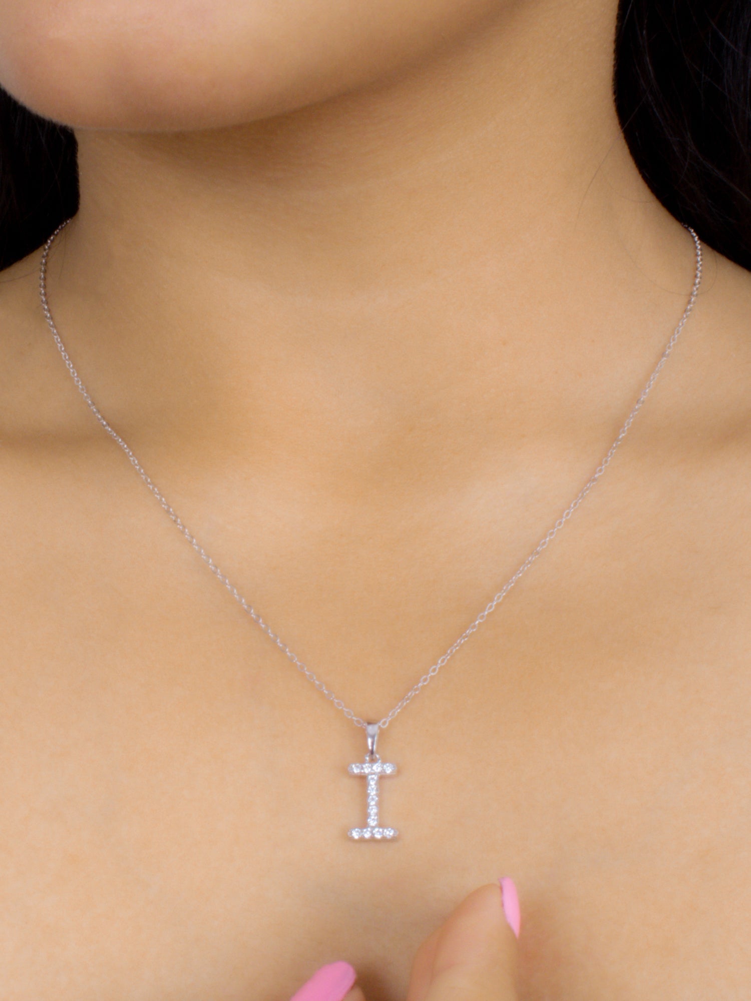 Silver I Initial Letters Or Alphabet Necklace With American Diamonds-1