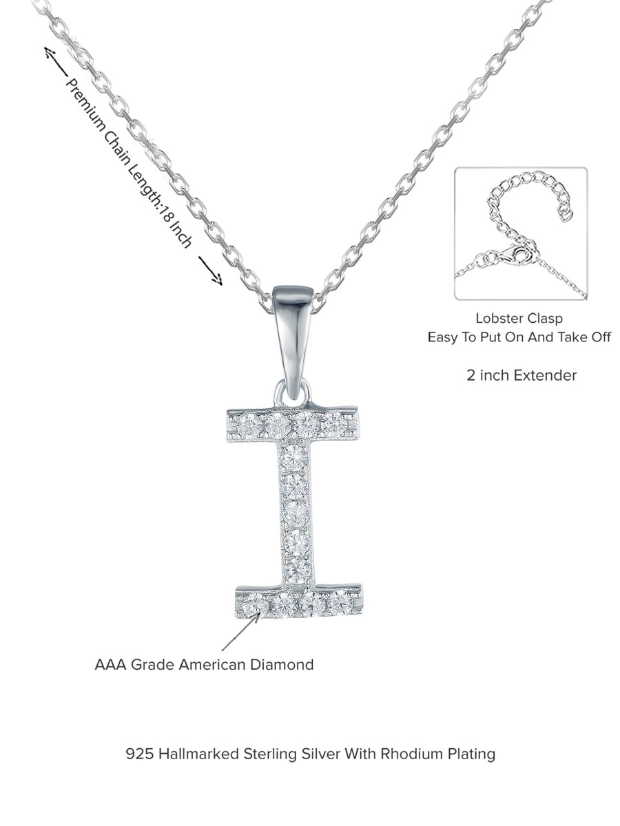 Silver I Initial Letters Or Alphabet Necklace With American Diamonds-4