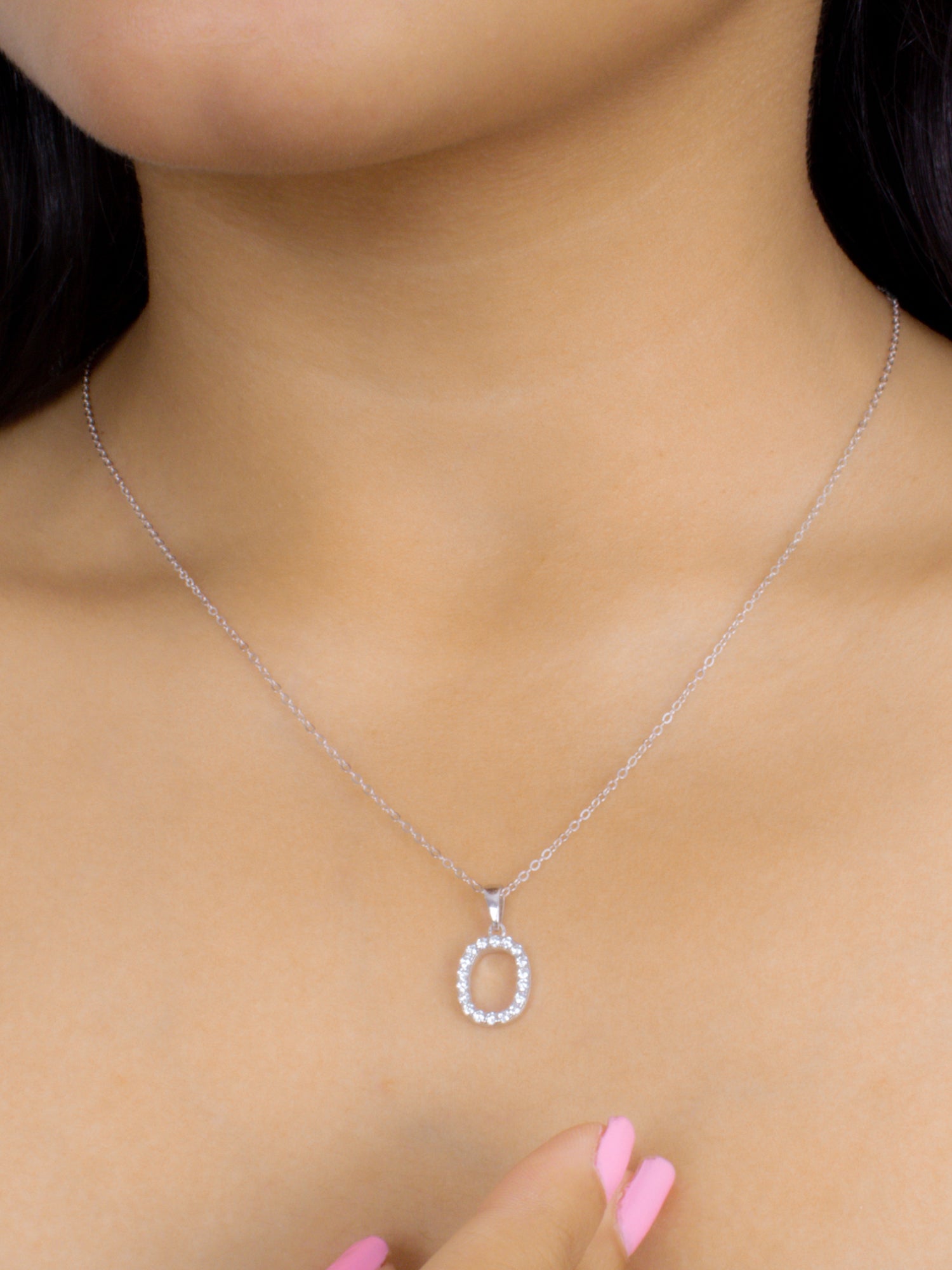 Silver American Diamond O Initial Letter Or Alphabet Necklace