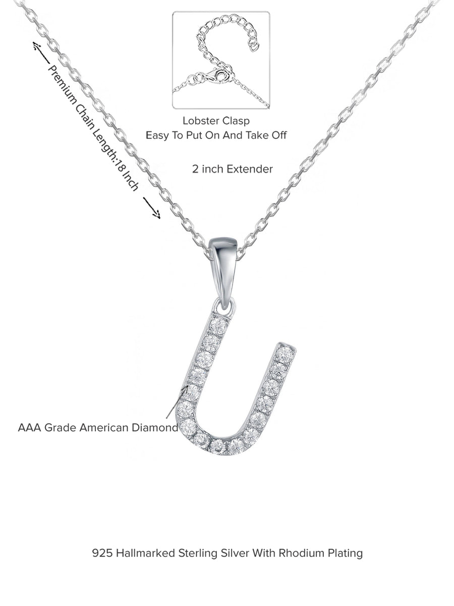 Silver U Initial Necklace American Diamonds-4