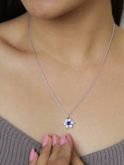 925 Silver Blue Sapphire American Diamond Flower Pendant-3