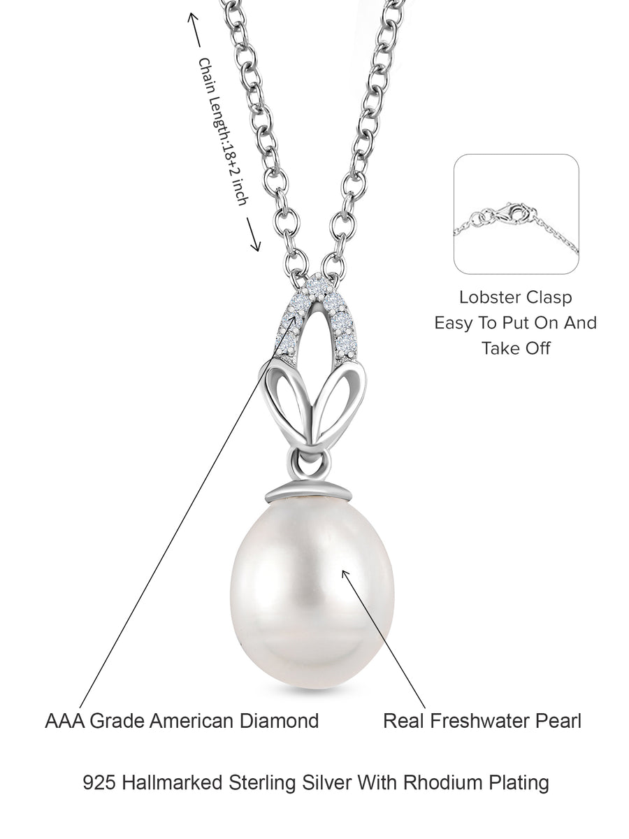 Three Leaf Design Pearl Pendant In 925 Sterling Silver-3