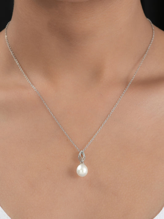 Three Leaf Design Pearl Pendant In 925 Sterling Silver-1