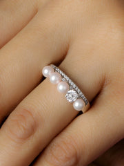 Pearl And Solitaire Band Ring In 925 Sterling Silver