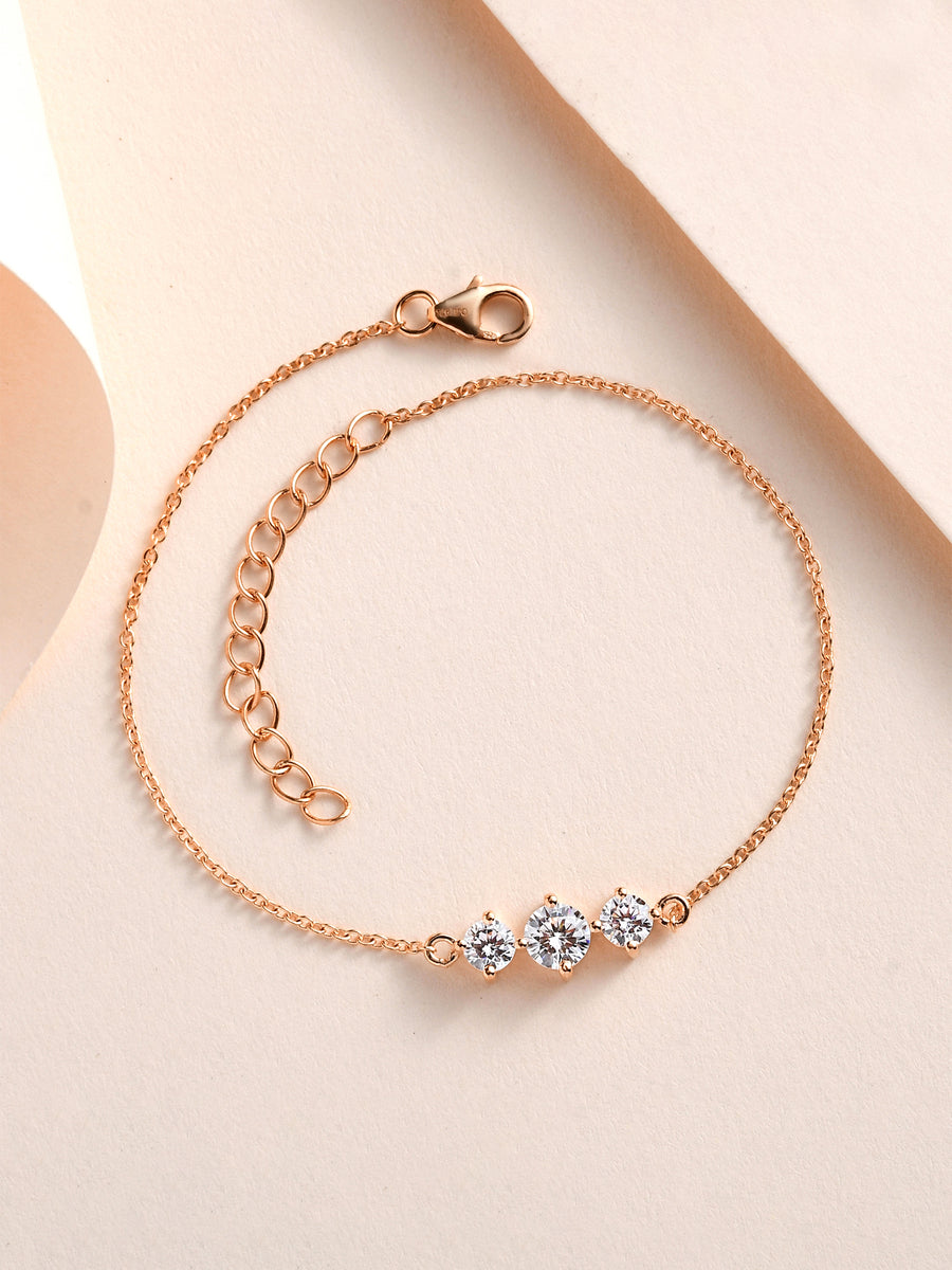 Three Solitaire American Diamond Rose Gold Plated Silver Bracelet