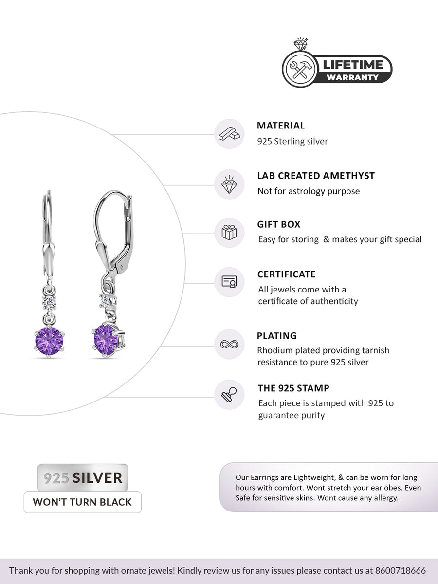 Pure 925 Silver Amethyst Dangle Earrings For Women