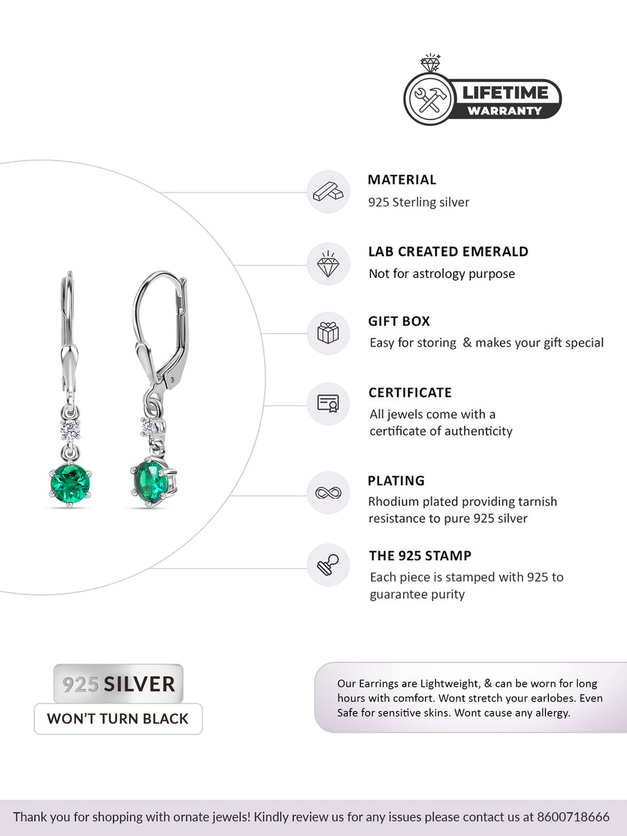 925 Sterling Silver Emerald Dangle Earrings For Women