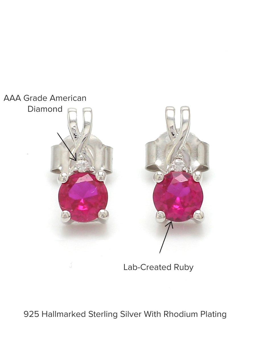 Red Ruby And American Diamond Solitaire Earrings In 925 Silver-3