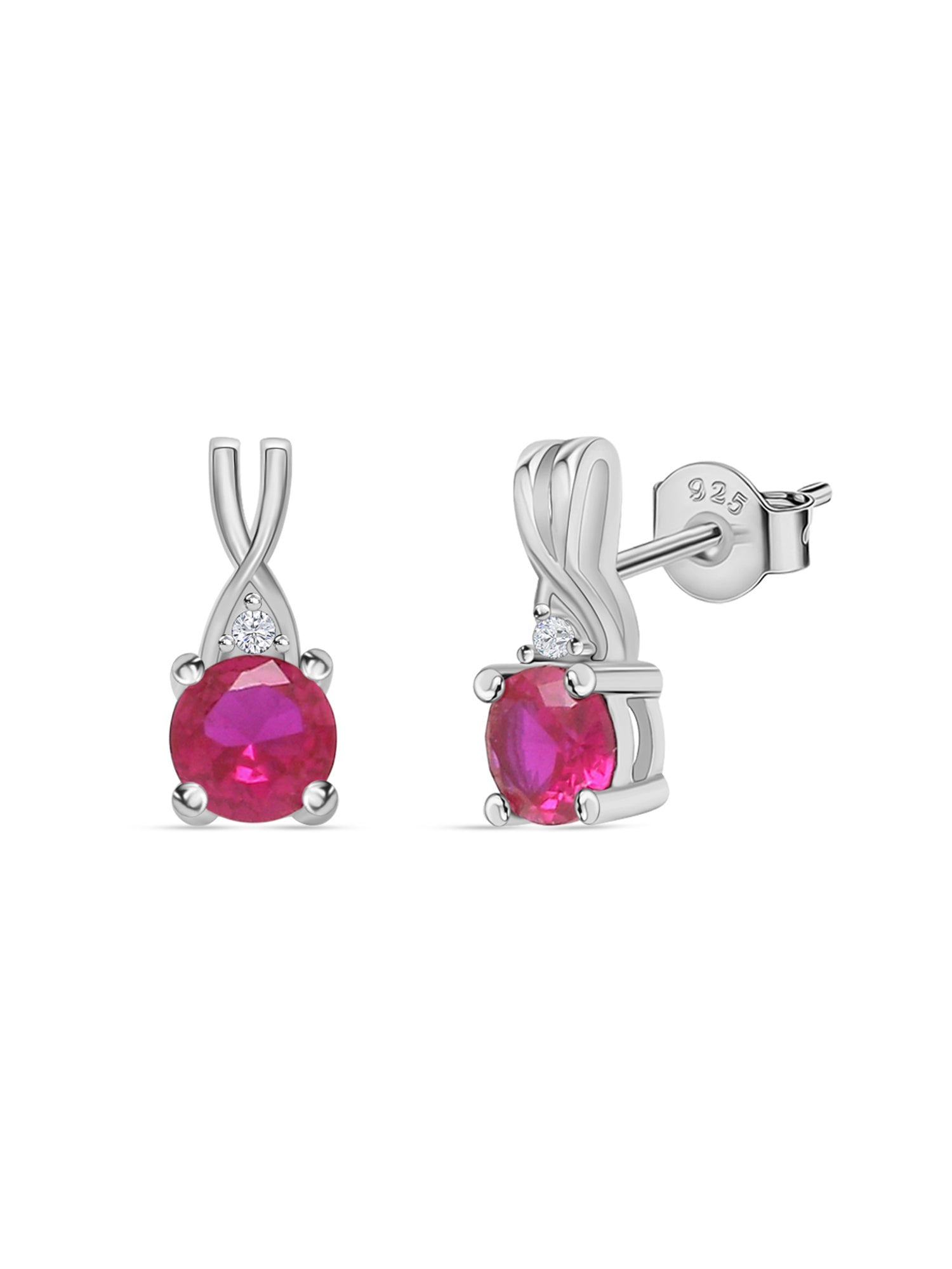 Red Ruby And American Diamond Solitaire Earrings In 925 Silver-4