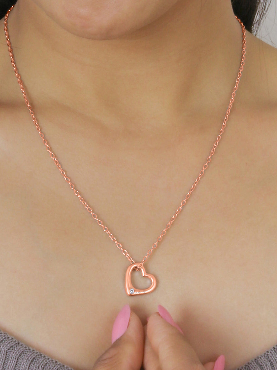 American Diamond Rose Gold Solitaire Heart Pendant With Chain