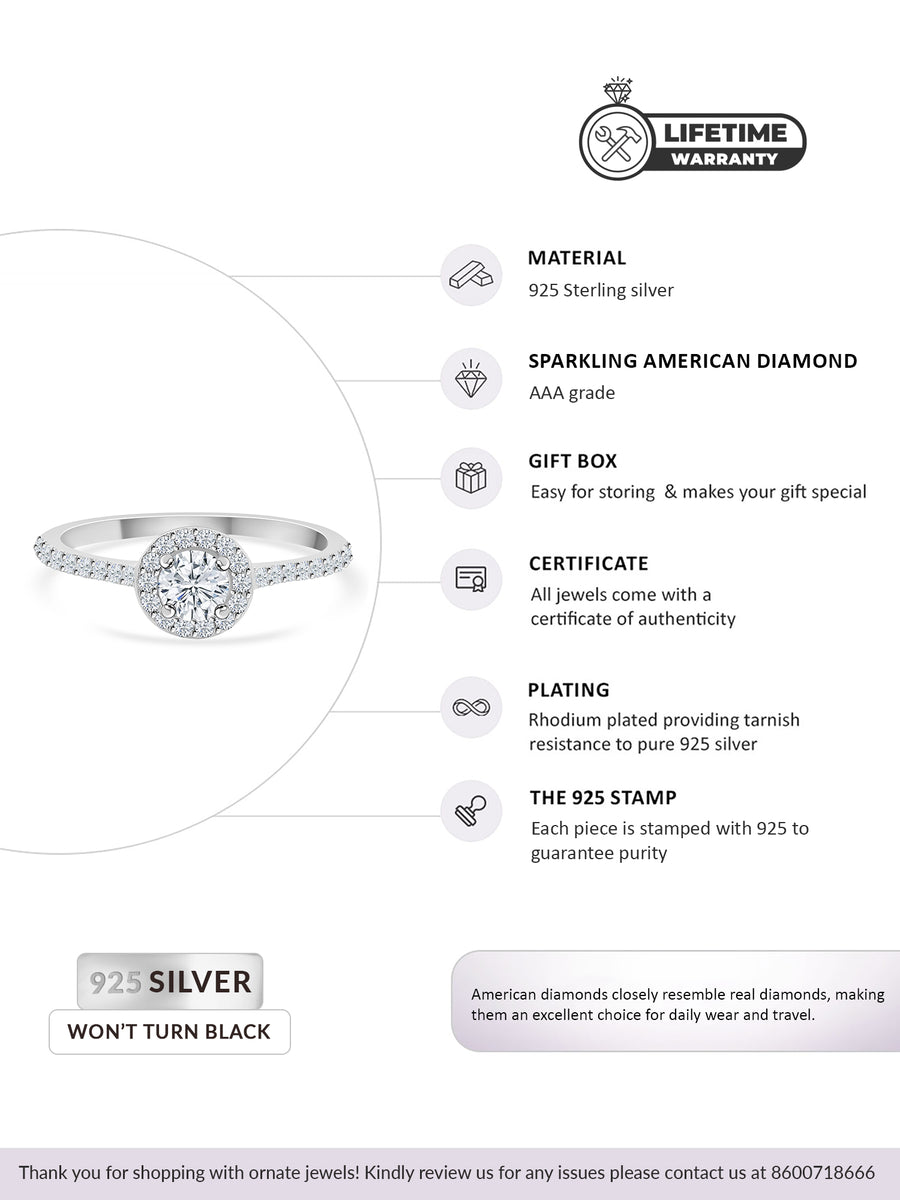 Ornate Diamond Look Halo 925 Silver Ring For Women