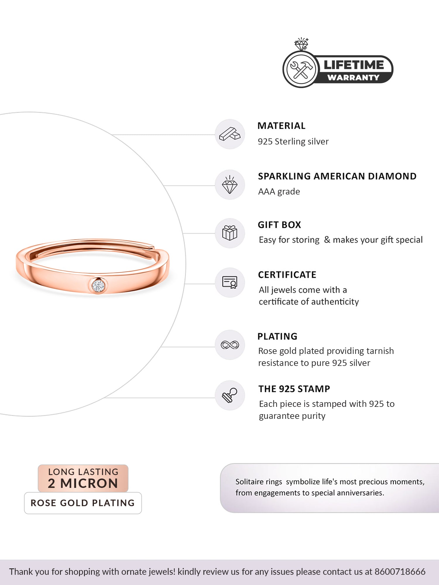 Rose Gold Solitaire Adjustable Silver Ring-4