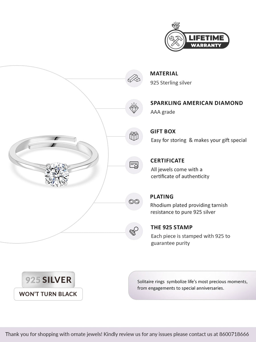 1 Carat Single Solitaire Adjustable Silver Ring For Women