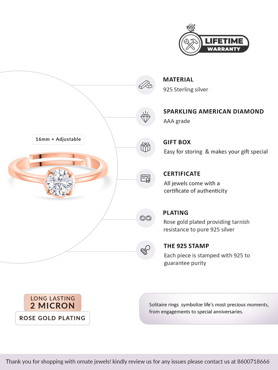 1 Carat Diamond Look Rose Gold Adjustable Solitaire Ring in Silver-3