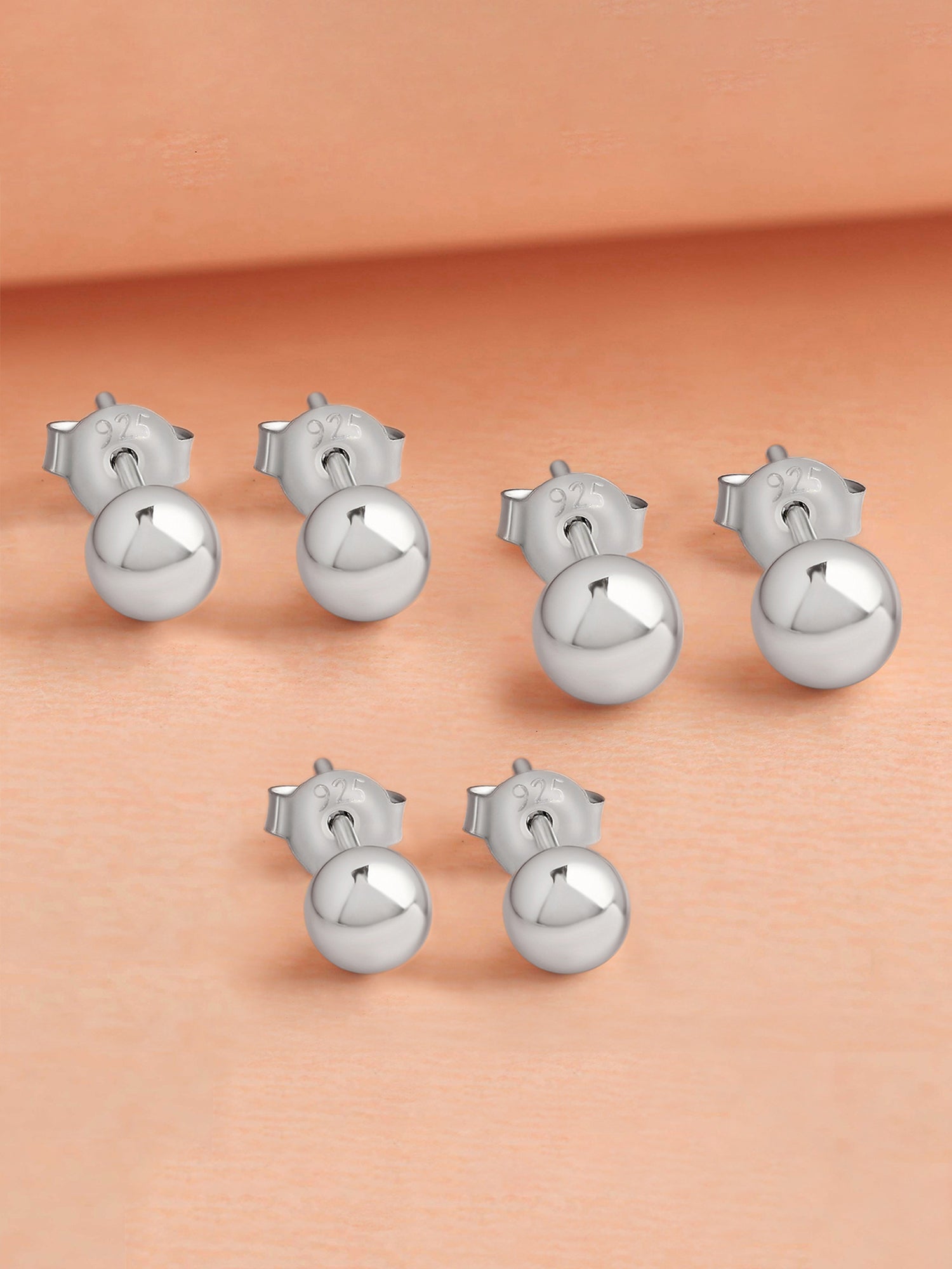 SET OF 3 PAIR BALL SILVER  STUD EARRINGS 4MM 5MM 6MM-1