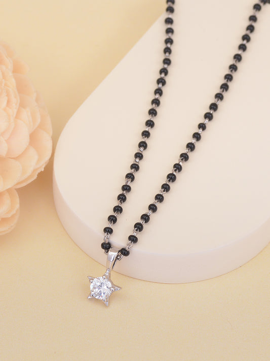 Deal Of The Month - AAA Grade American Diamond And Black Beads Solitaire Star Mangalsutra Made With Silver