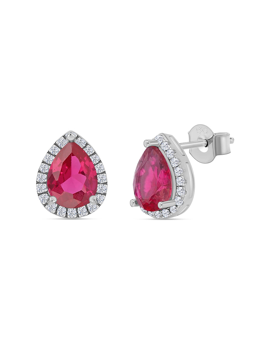 925 Sterling Silver Red Ruby Stud Earrings In Pear Shaped