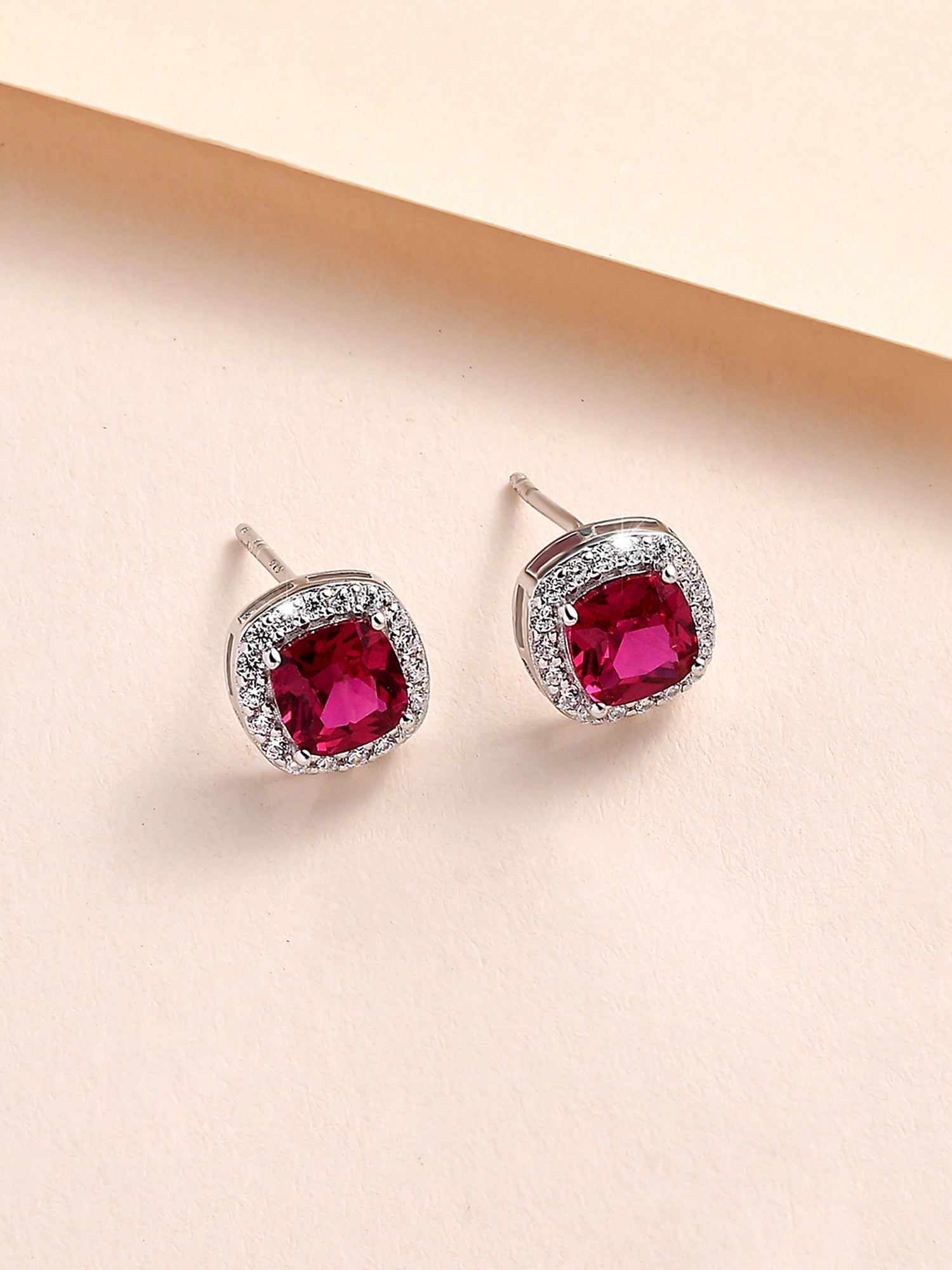 Ruby And American Diamond Classic Halo Stud Earrings In 925 Silver