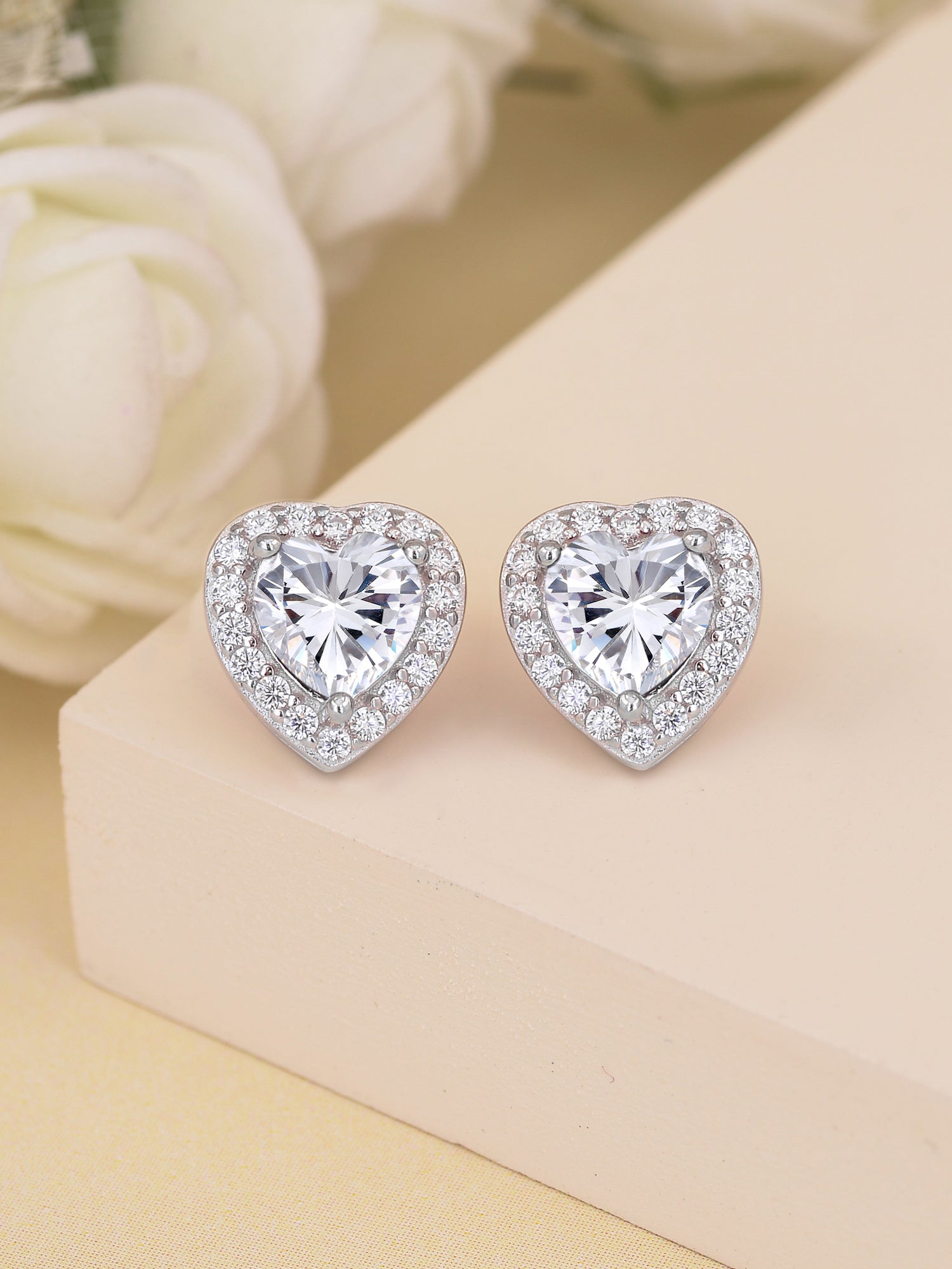 0.75 Carat 925 Silver American Diamond Heart Shaped Stud Earrings