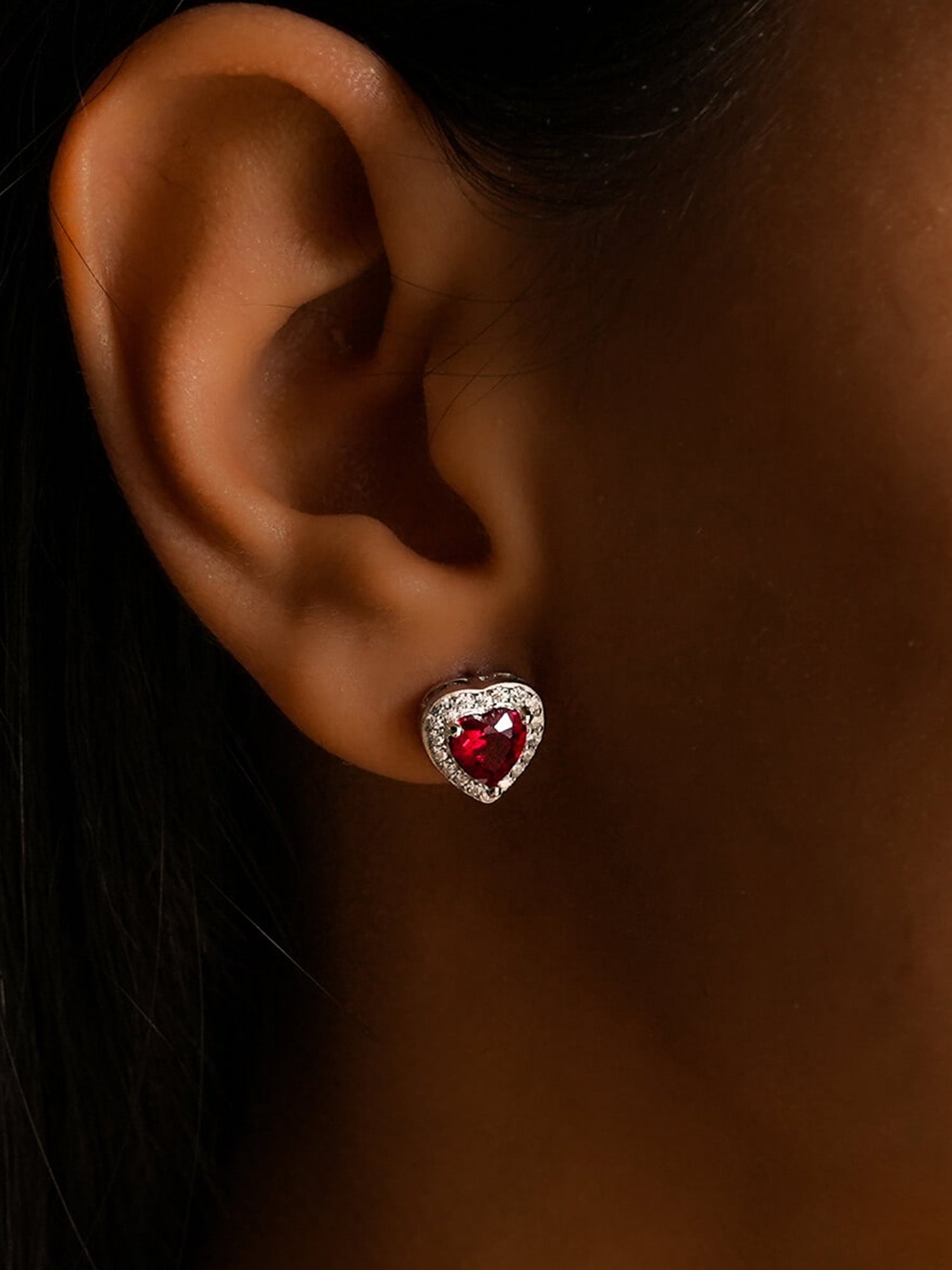 925 Silver Red Ruby Heart Shaped Stud Earring-3