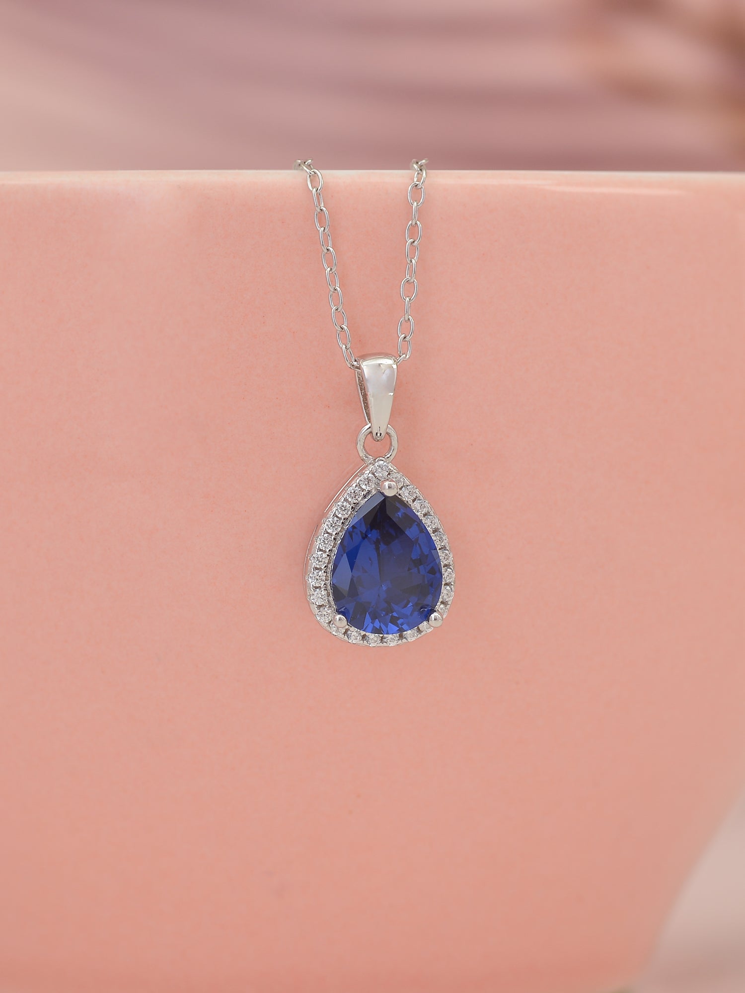 Blue Sapphire And American Diamond Halo Pendant With Chain Made With 925 Sterling Silver-3