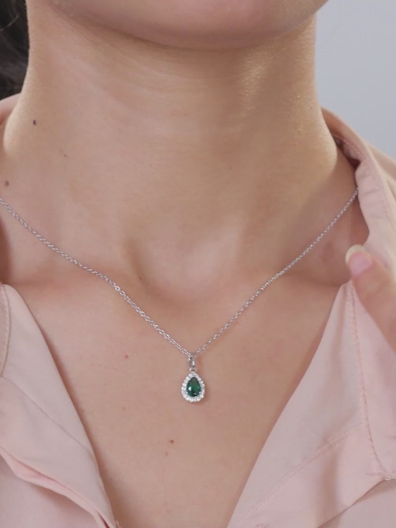 Pear Shape Emerald Halo Pendant With Silver Chain