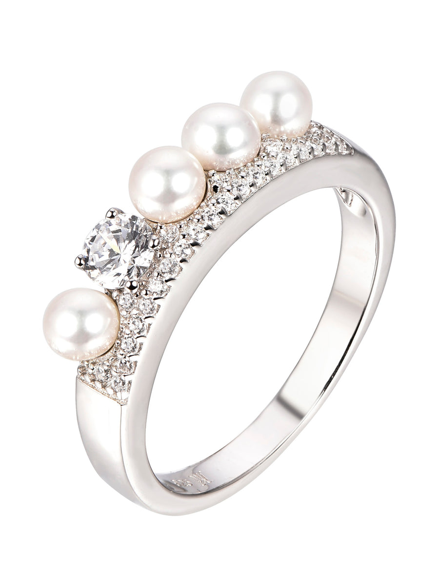 Pearl And Solitaire Band Ring In 925 Sterling Silver