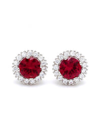 CREATED RUBY AND AMERICAN DIAMOND HALO  EARRINGS IN 925 SILVER