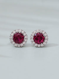 Created Ruby And American Diamond Halo Earrings In 925 Silver
