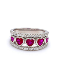 RED RUBY AND AMERICAN DIAMOND HEART BAND RING FOR HER