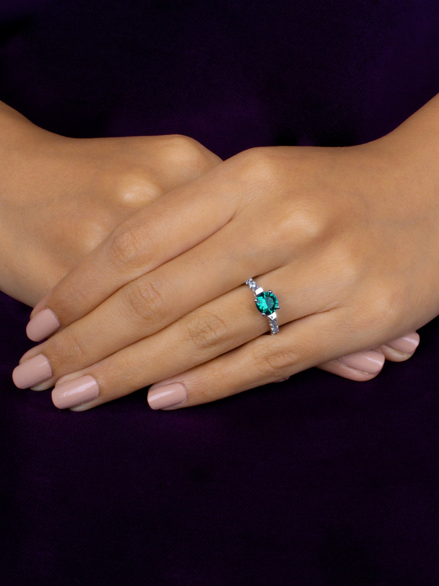 ORNATE JEWELS EMERALD GREEN SOLITAIRE SILVER RING FOR WOMEN-2