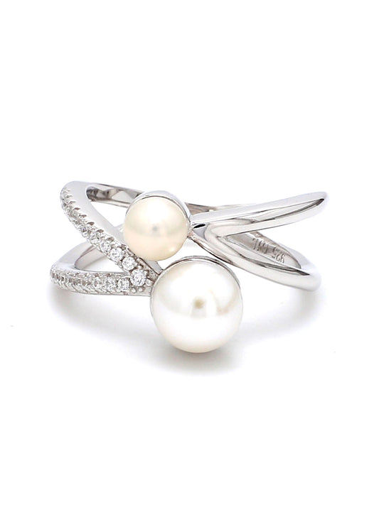TWO PEARL CROSSOVER SILVER RING