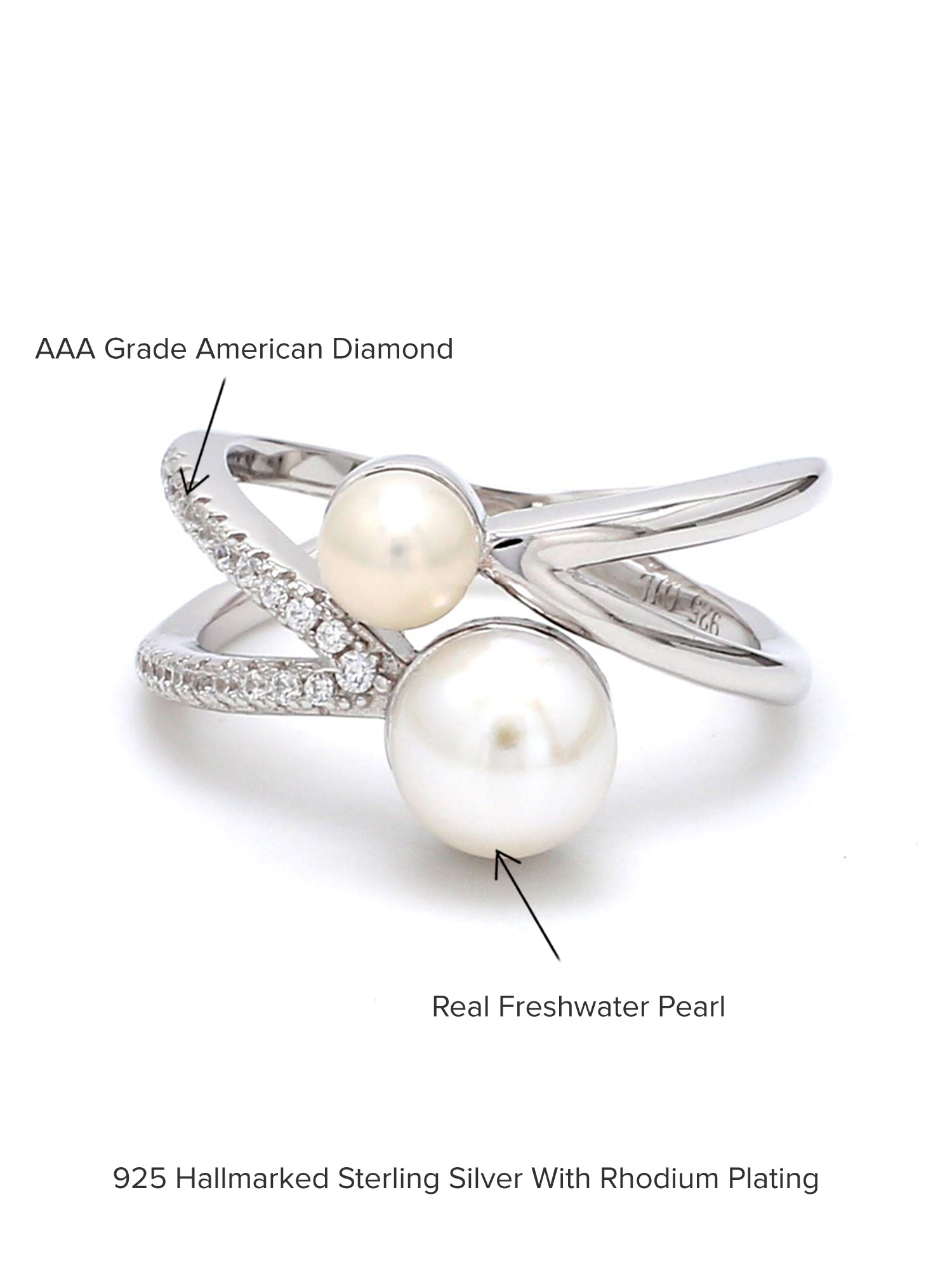 TWO PEARL CROSSOVER SILVER RING