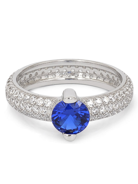 SOLITAIRE ORNATE BLUE SAPPHIRE SILVER RING FOR WOMEN