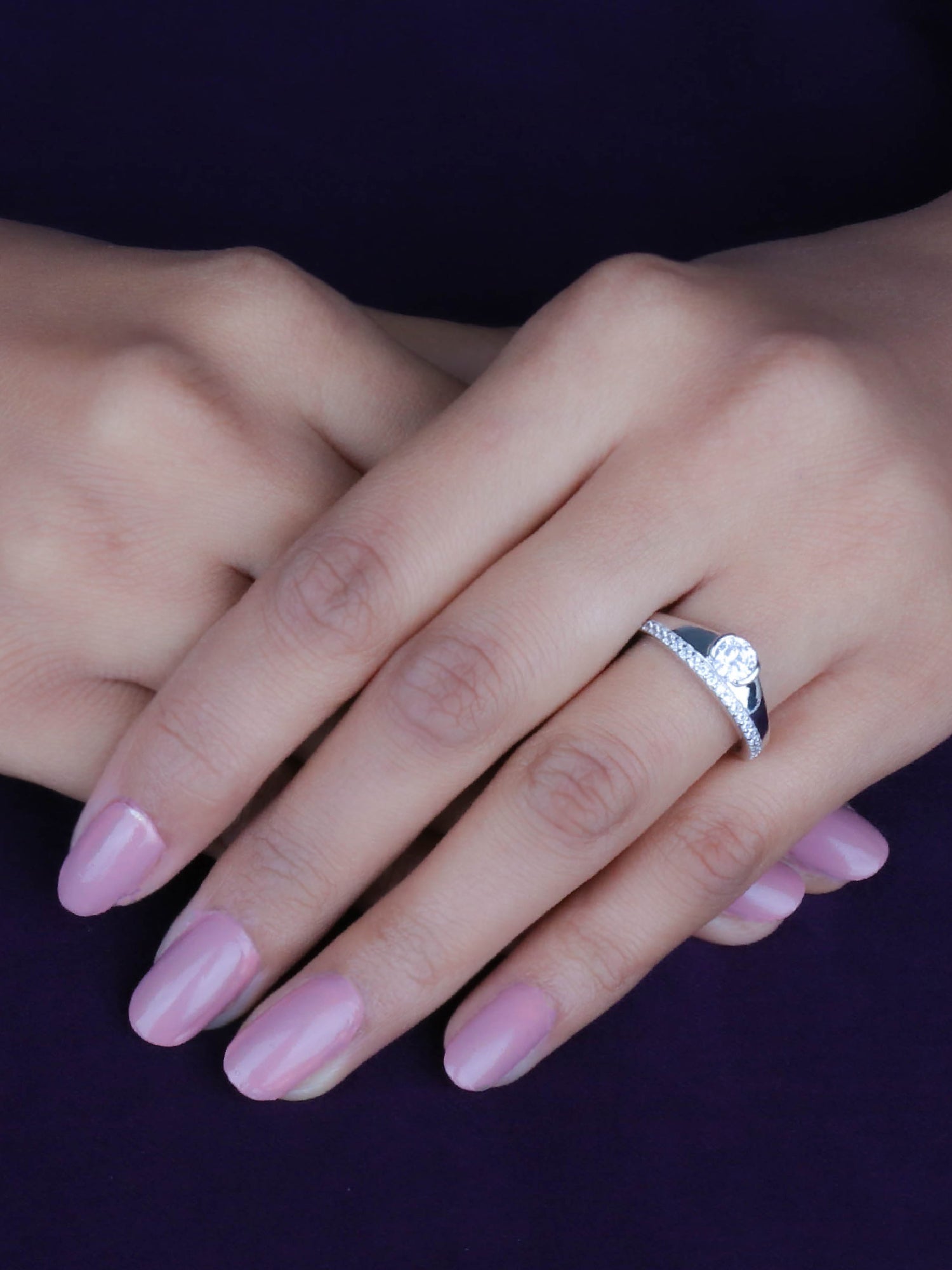 HALF BEZEL 0.5 CARAT SOLITAIRE AMERICAN DIAMOND SILVER RING-2