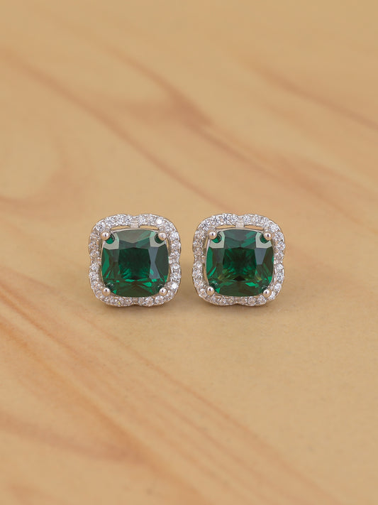 Halo Design Emerald Earring Studs In 925 Silver