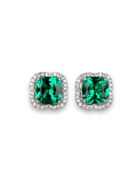 Halo Design Emerald Earring Studs In 925 Silver-1