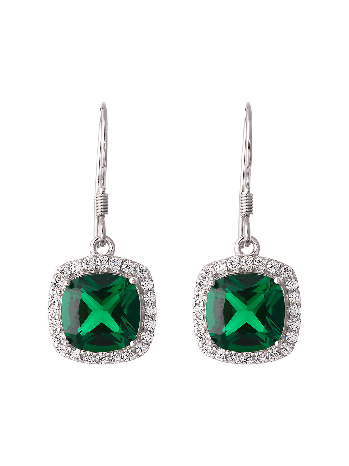 CREATED EMERALD CUSHION CUT DANGLERS IN 925 SILVER