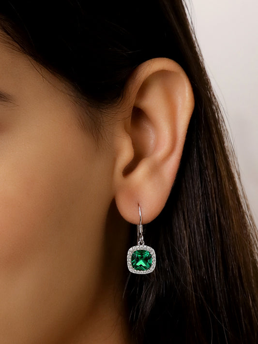 CREATED EMERALD CUSHION CUT DANGLERS IN 925 SILVER